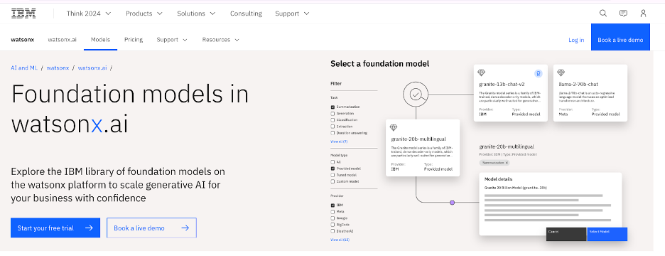 A screenshot from the IBM website for a page titled "Foundation models in watsonx.ai"